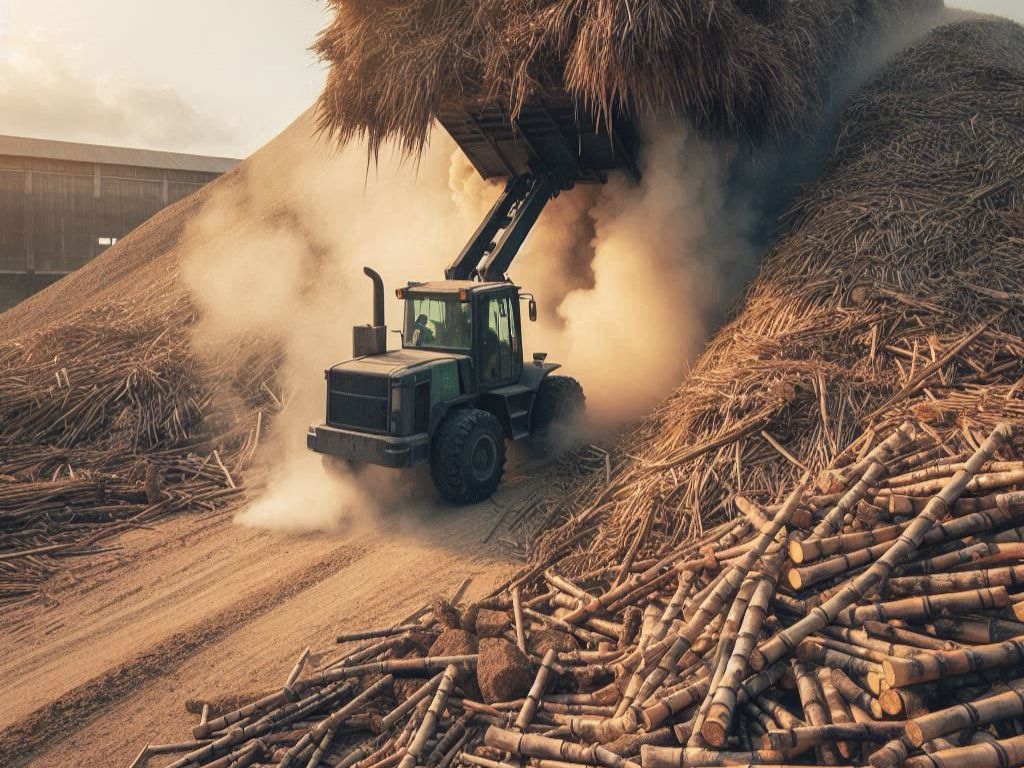 Como é gerado energia a partir da biomassa? 1 Biomassa e Suas Principais Fontes Renováveis, uma empilhadeira carregando bagaço de cana.