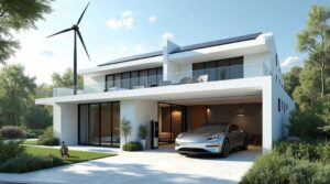 Geração Distribuída de Energia Solar: Entenda Seu Funcionamento e Benefícios 7 Casa moderna com painéis solares no telhado e um carro elétrico carregando na garagem, simbolizando um estilo de vida sustentável